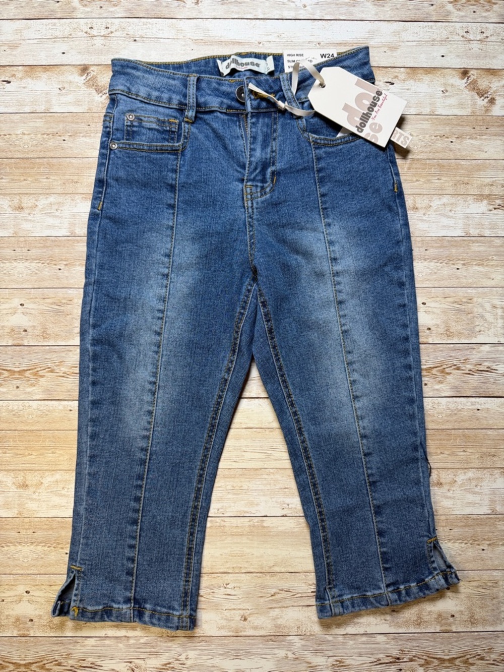 Dollhouse Mid Wash Blue High-Rise Cropped Jean Boyfriend Shorts Waist 24